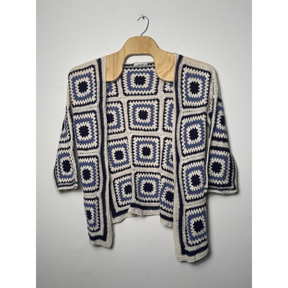 Sadie & Sage Blue White Cotton Granny Square Crochet Open Cardigan OS AG2414